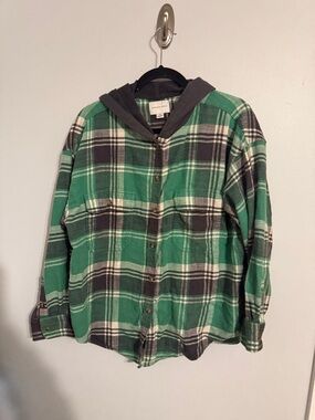 American Eagle Green Plaid Hooded Flannel Shirt - Large - Boyfriend Fit